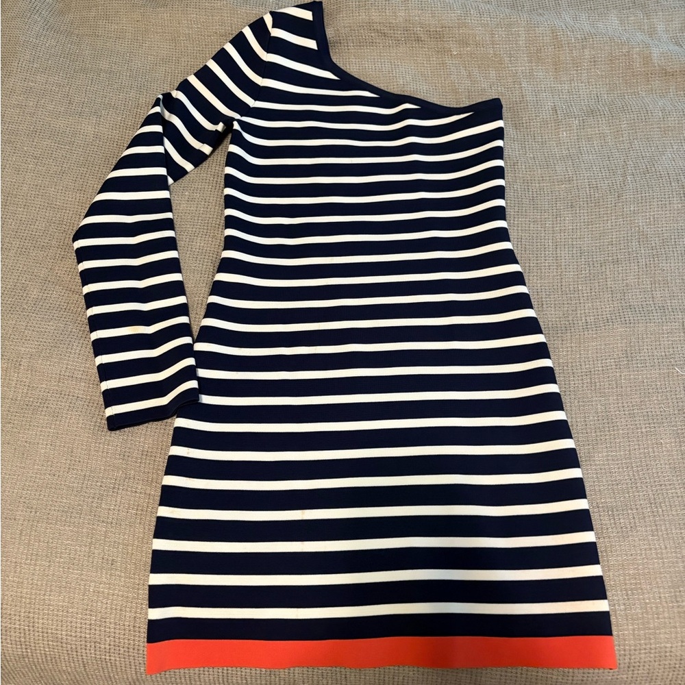 BCBGMaxAzria Striped Bandage One-Shoulder Dress in Navy, White, and Orange